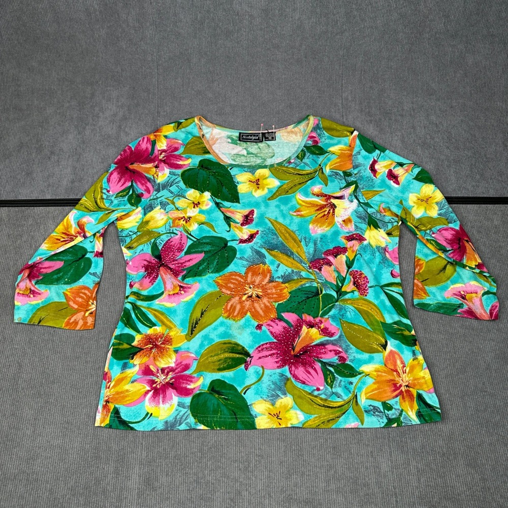 Nostalgia Womens 2X Tropical Floral Cotton Top 3/4 Sleeve Y2k